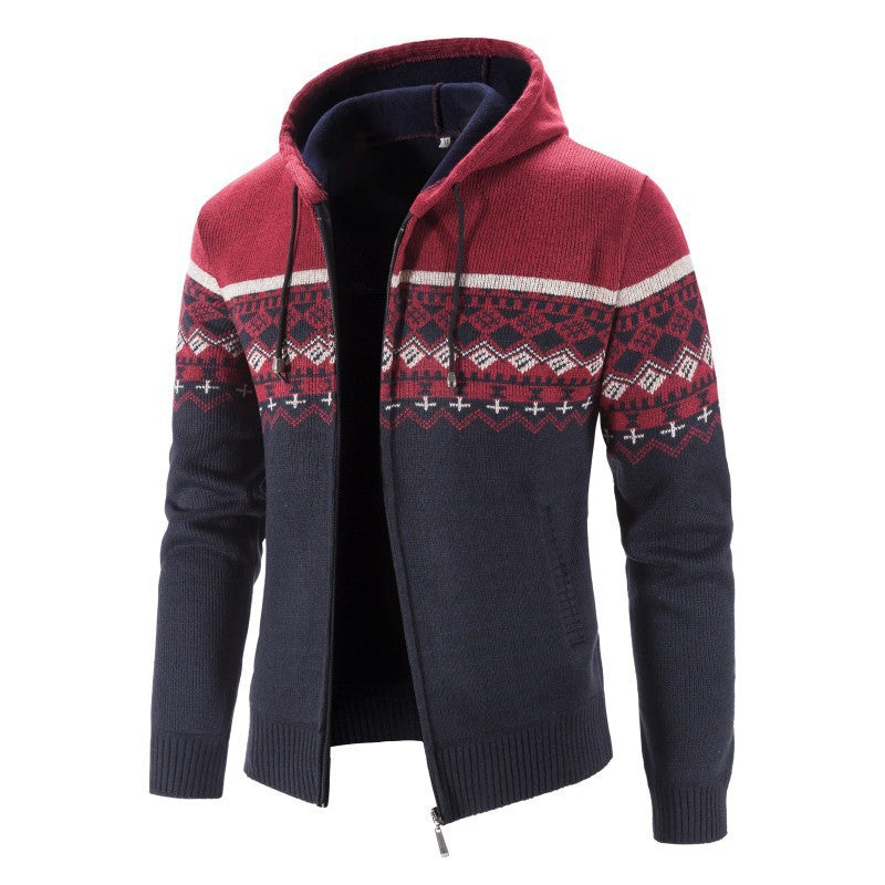 Cevori Hooded Mottled Cardigan with Norwegian Pattern
