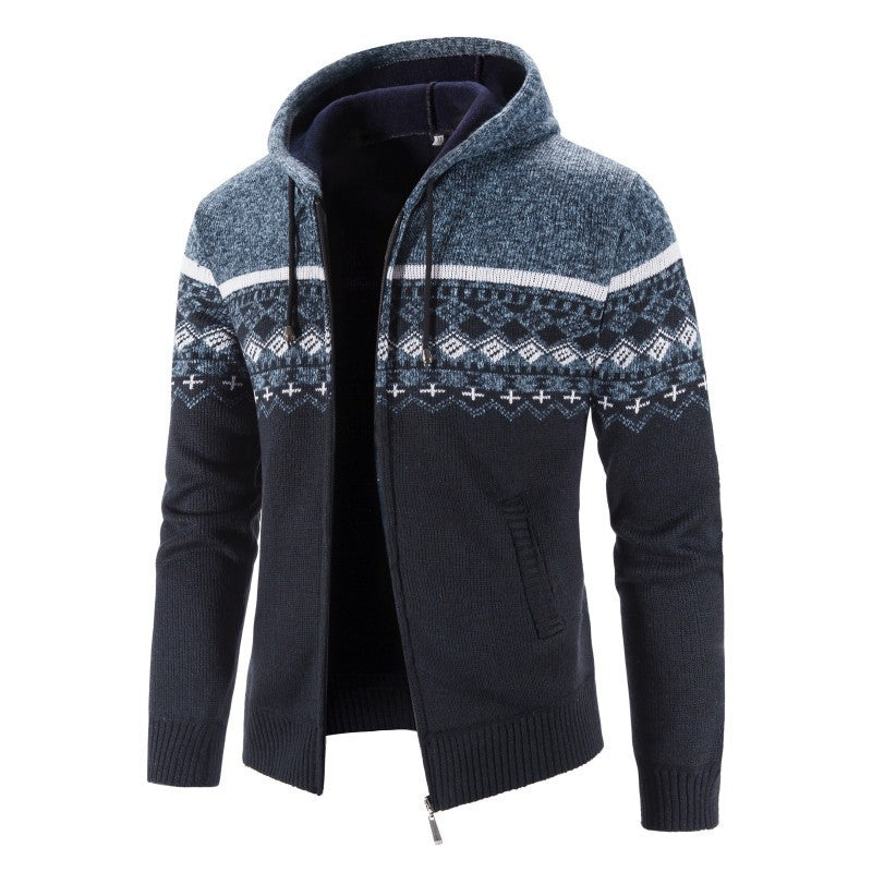 Cevori Hooded Mottled Cardigan with Norwegian Pattern