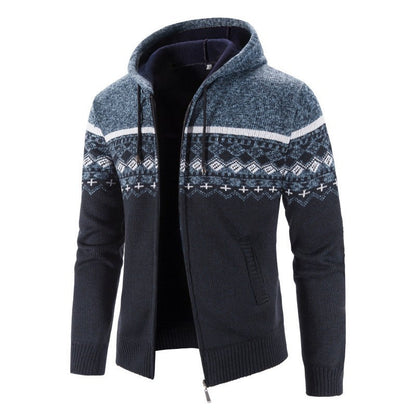 Cevori Hooded Mottled Cardigan with Norwegian Pattern
