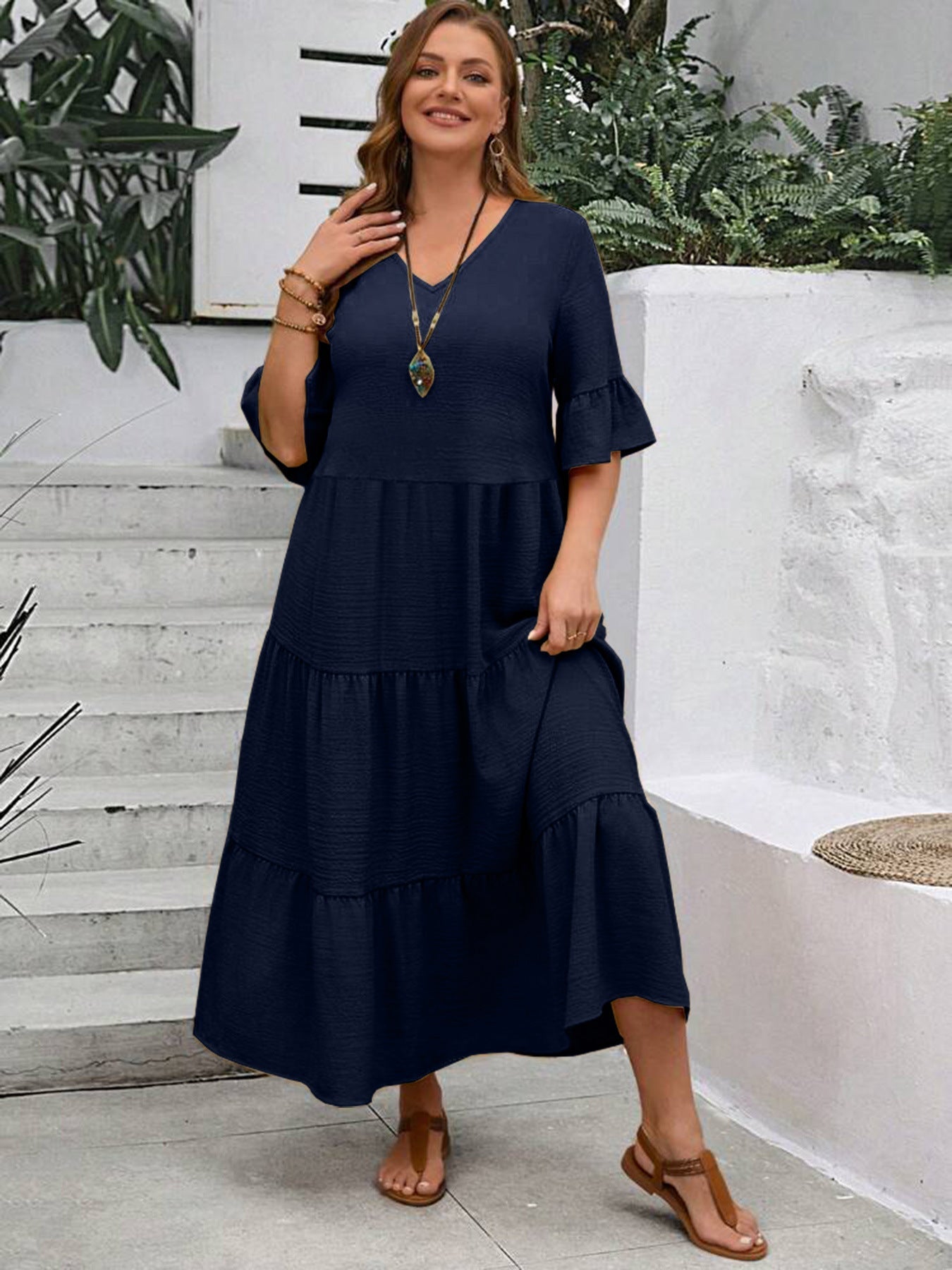 Stylish Plus Size V Neck Dress for Women