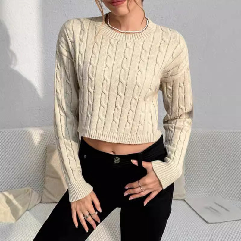 Women's Short Cable Knit Crew Sweater - BritishElegance
