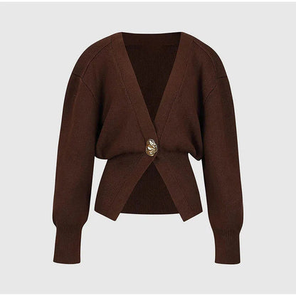 Women's Sweater - Deep V-Neck Cardigan - Gold Button - Elegant Fit