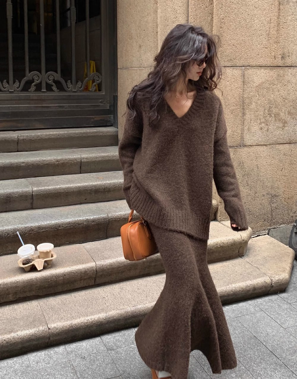 Women's Cozy V-Neck Sweater and Midi Skirt Outfit - BritishElegance