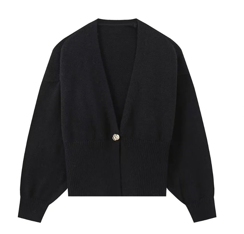 Women's Sweater - Deep V-Neck Cardigan - Gold Button - Elegant Fit