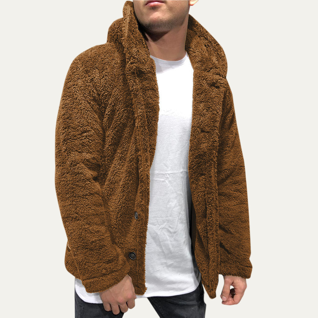 Men’s Plush Fleece Hooded Button Jacket
