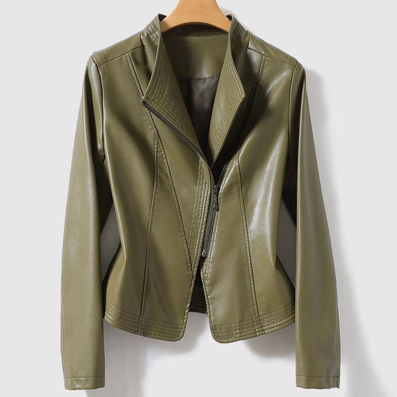 Chic Vegan Leather Zip Jacket for Women - BritishElegance