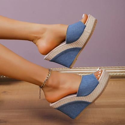 Ondine | Denim Wedge Slide Sandals with Platform Heel