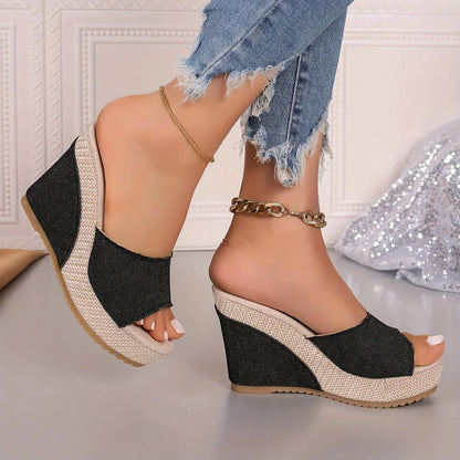 Ondine | Denim Wedge Slide Sandals with Platform Heel