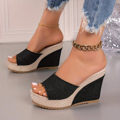 Ondine | Denim Wedge Slide Sandals with Platform Heel