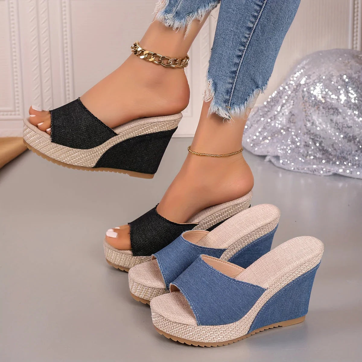 Ondine | Denim Wedge Slide Sandals with Platform Heel
