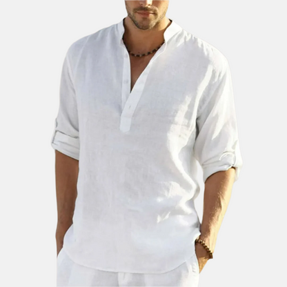 Men’s Collarless Linen Placket Shirt