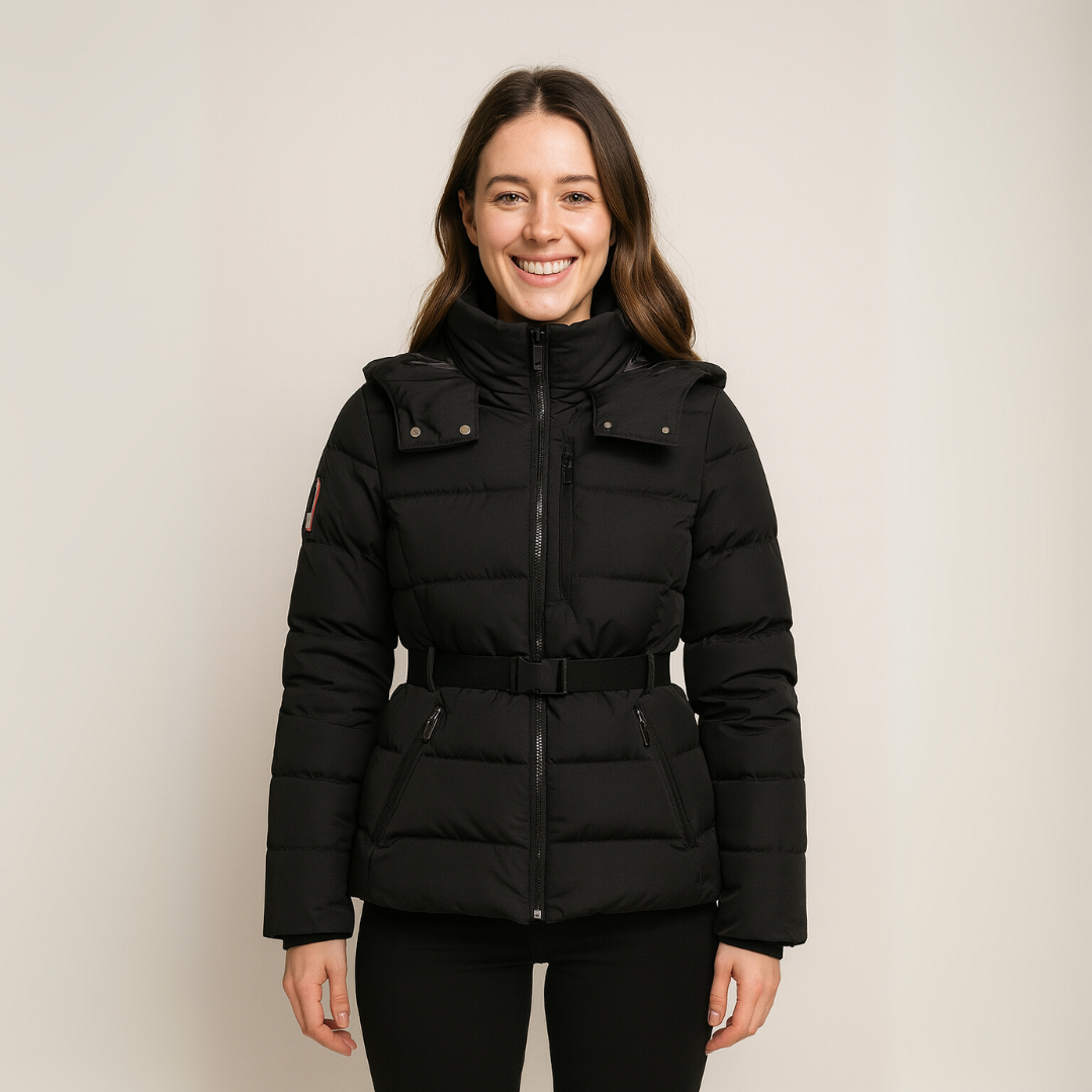 Women’s Black Puffer Jacket with Belted Waist and High Collar