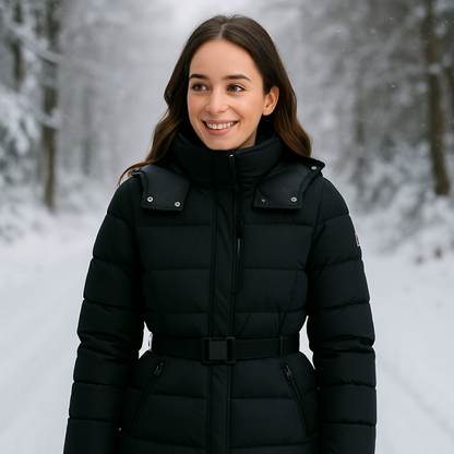 Women’s Black Puffer Jacket with Belted Waist and High Collar