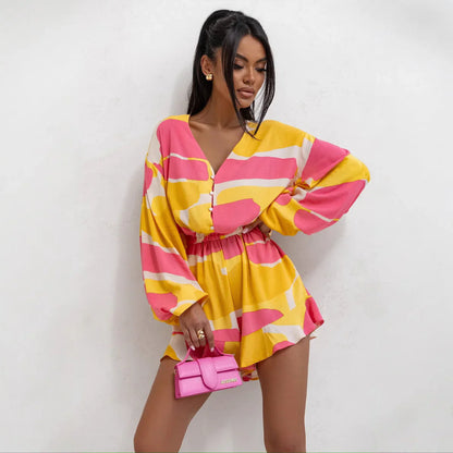 Oriana  Romper | Long Sleeve V-Neck Cinched Waist Printed Romper