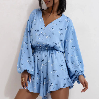 Oriana  Romper | Long Sleeve V-Neck Cinched Waist Printed Romper