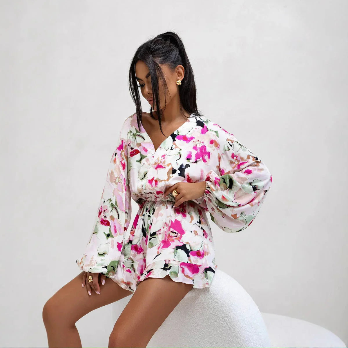 Oriana  Romper | Long Sleeve V-Neck Cinched Waist Printed Romper