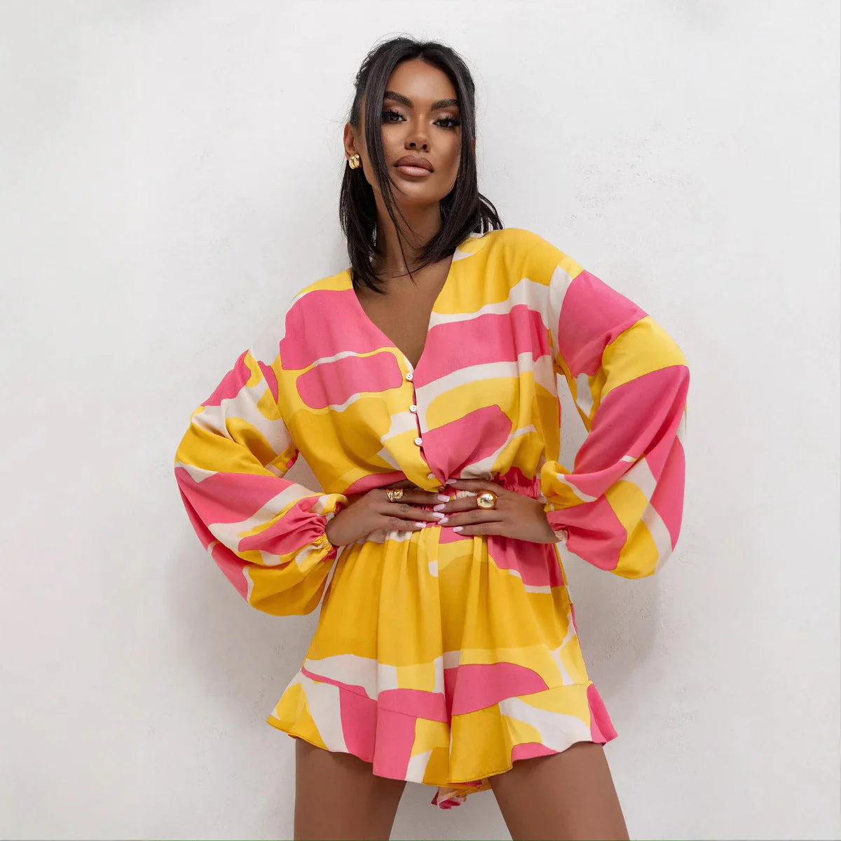 Oriana  Romper | Long Sleeve V-Neck Cinched Waist Printed Romper