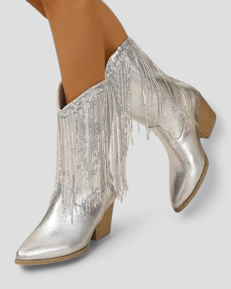 Orthopedic Fringe Metallic Western Cowboy Boots for Women