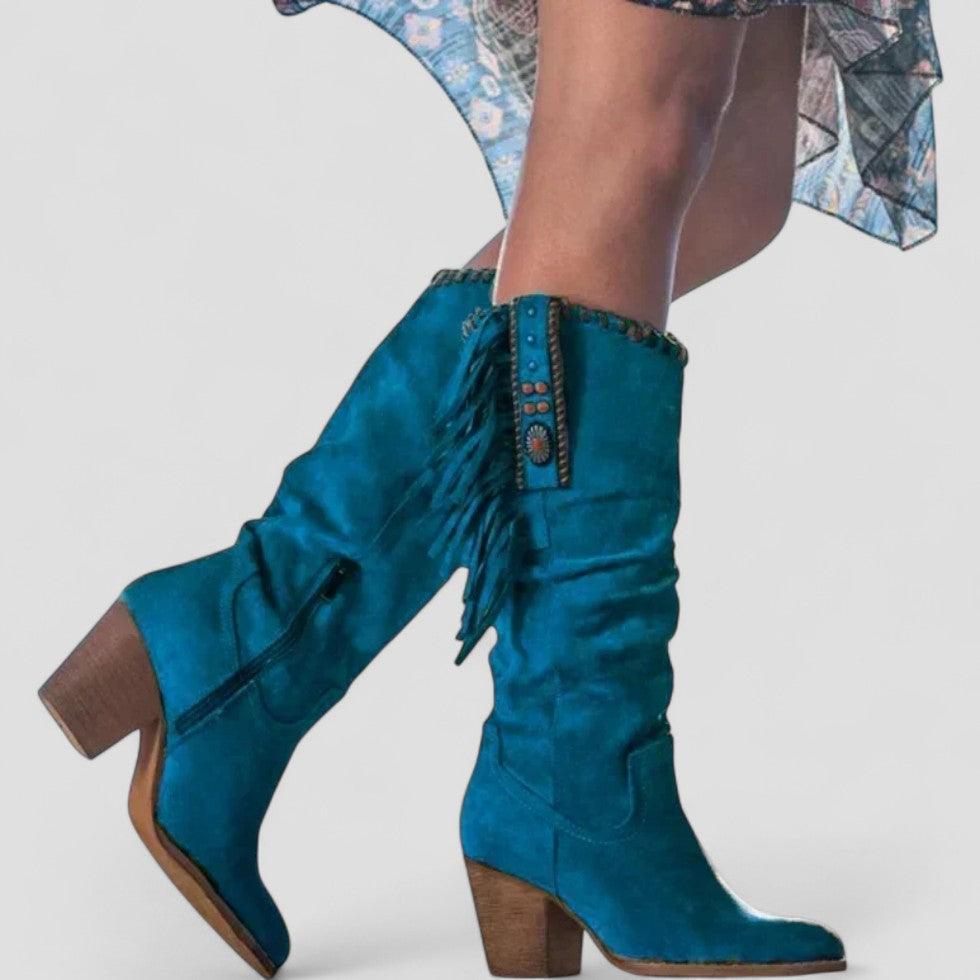 Orthopedic Suede Fringe Knee High Western Boots for Women