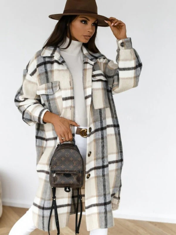 Karen | Women's Oversized Wool Blend Coat – Knee-Length Checked Design for Winter Elegance