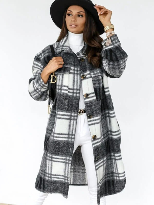 Karen | Women's Oversized Wool Blend Coat – Knee-Length Checked Design for Winter Elegance