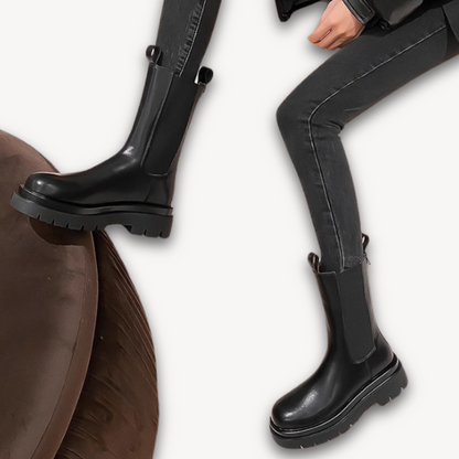 Woman’s Black Leather Chelsea Boots - Chunky Sole, Slip-On, Durable, Stylish Casual Footwear