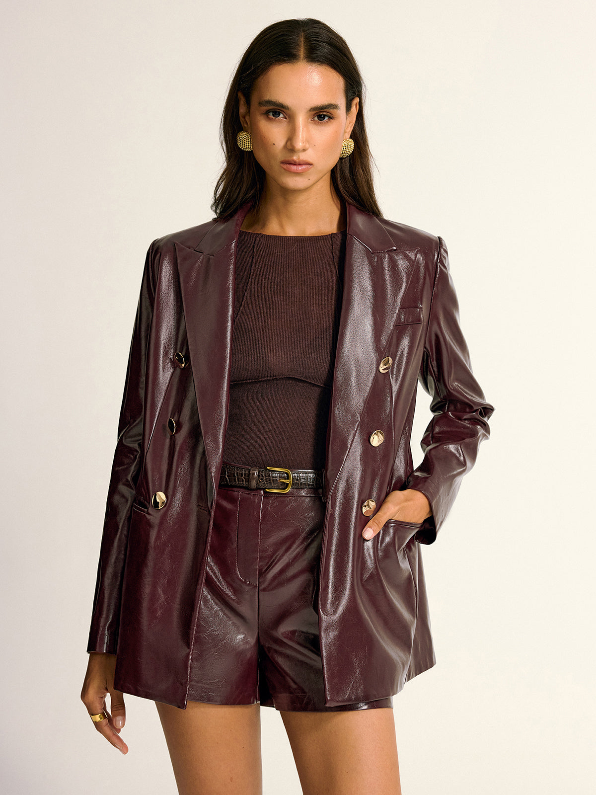 Paloma | PU Leather Metal Button Lapel Pocket Blazer