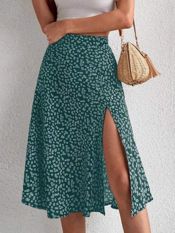 Pazia Midi Skirt | High Waist Floral A-Line with Slit