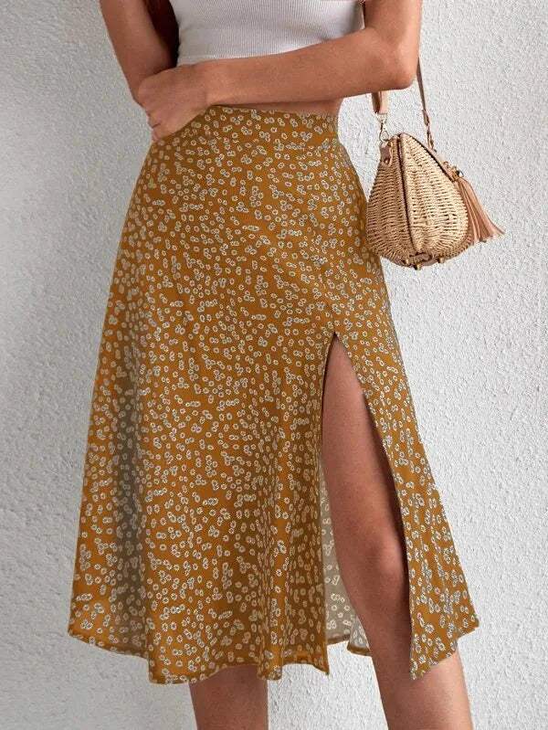 Pazia Midi Skirt | High Waist Floral A-Line with Slit