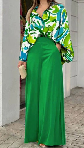 Women's High-Waisted Green Wide-Leg Pants