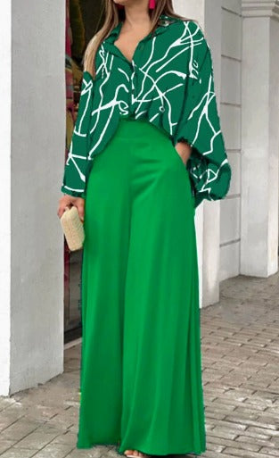 Women's High-Waisted Green Wide-Leg Pants