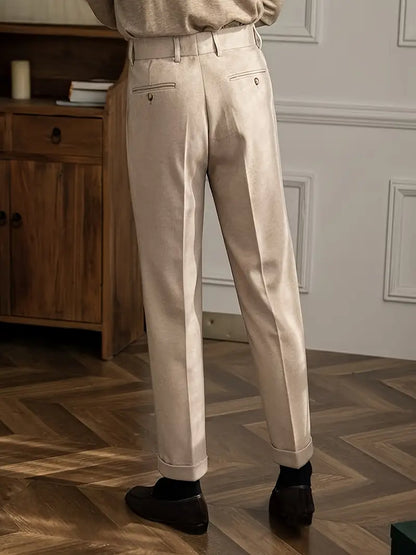 Pleated British Style Tailored Trousers - Straight Fit High Rise
