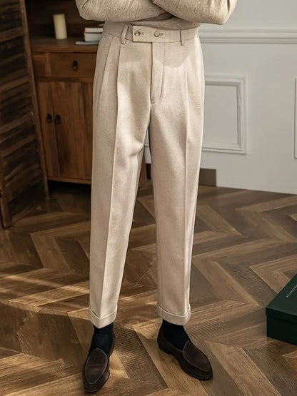 Pleated British Style Tailored Trousers - Straight Fit High Rise