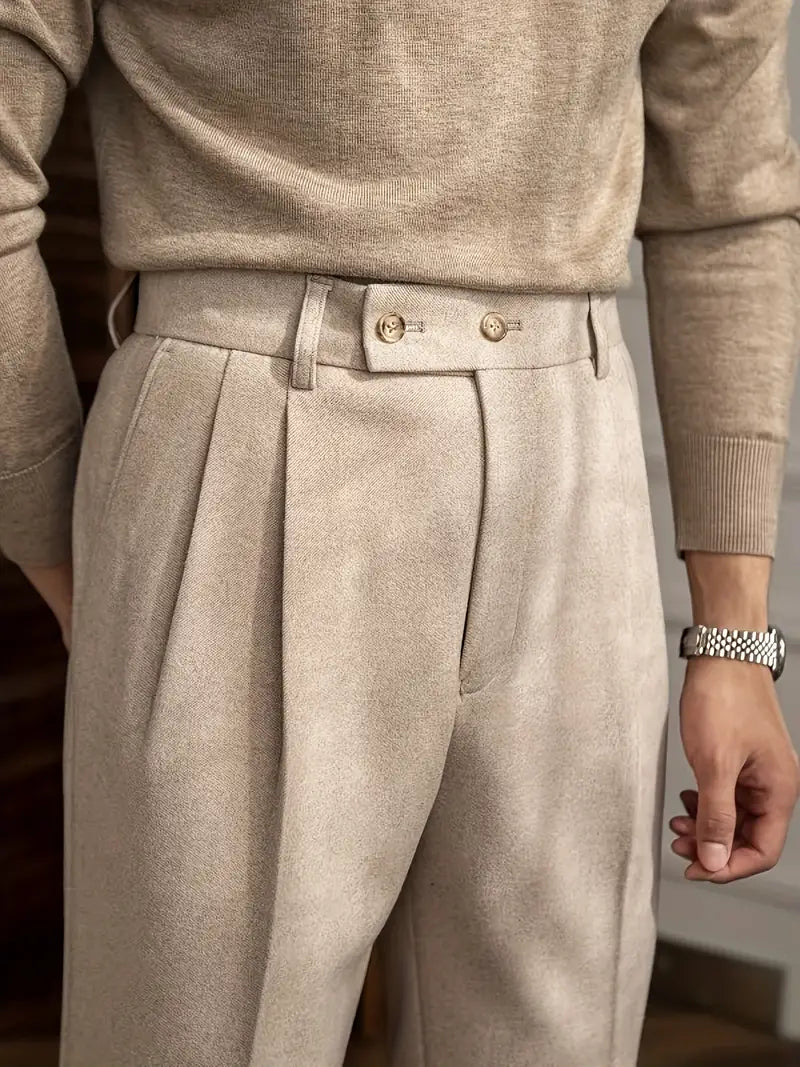 Pleated British Style Tailored Trousers - Straight Fit High Rise