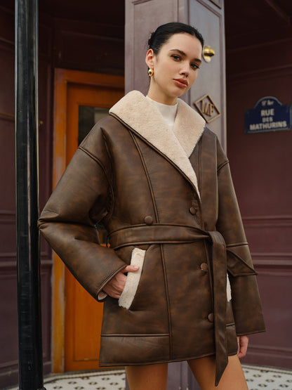Meredith | Pockets Belted Faux Leather Fleece Jacket