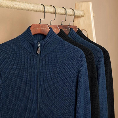 Polyester Blend Sweater - Horizontal Ribbed & Zip Neck