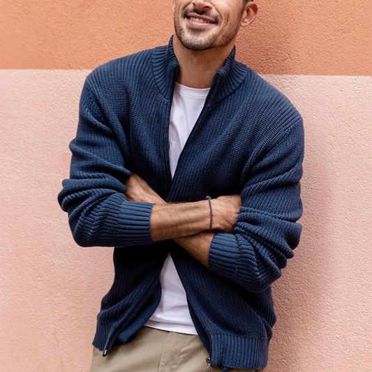 Polyester Blend Sweater - Horizontal Ribbed & Zip Neck