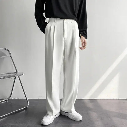 Polyester Blend Trousers - Wide Leg Pleats & Neat Fall