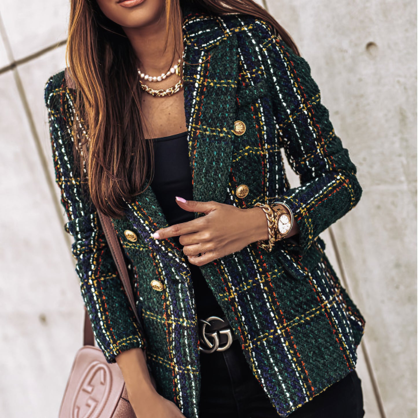 Classic Plaid Jacket for Women with Buttons Pockets