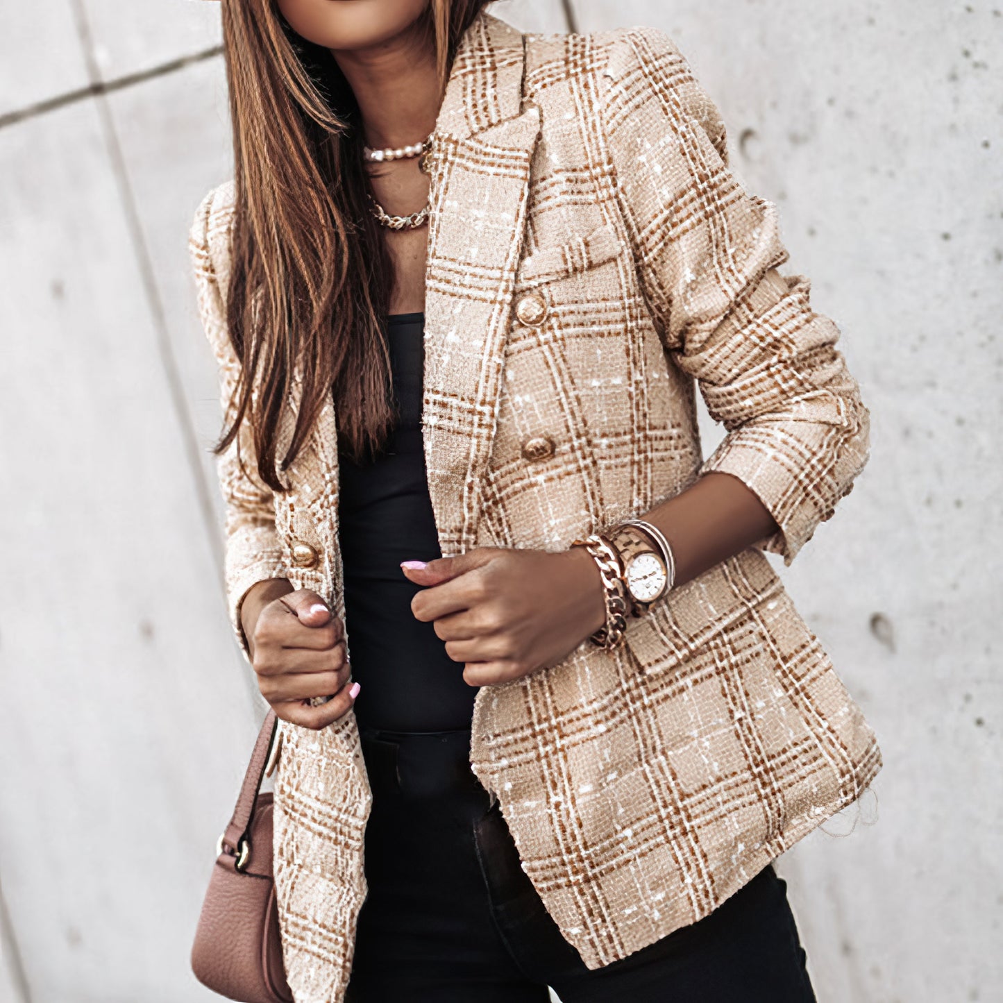 Classic Plaid Jacket for Women with Buttons Pockets