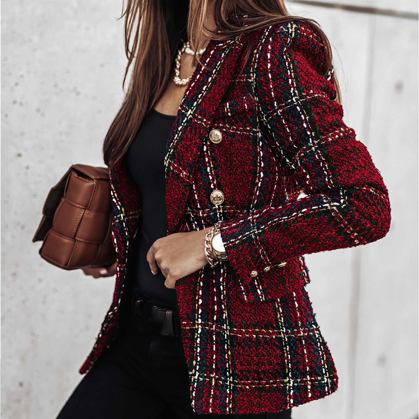 Classic Plaid Jacket for Women with Buttons Pockets