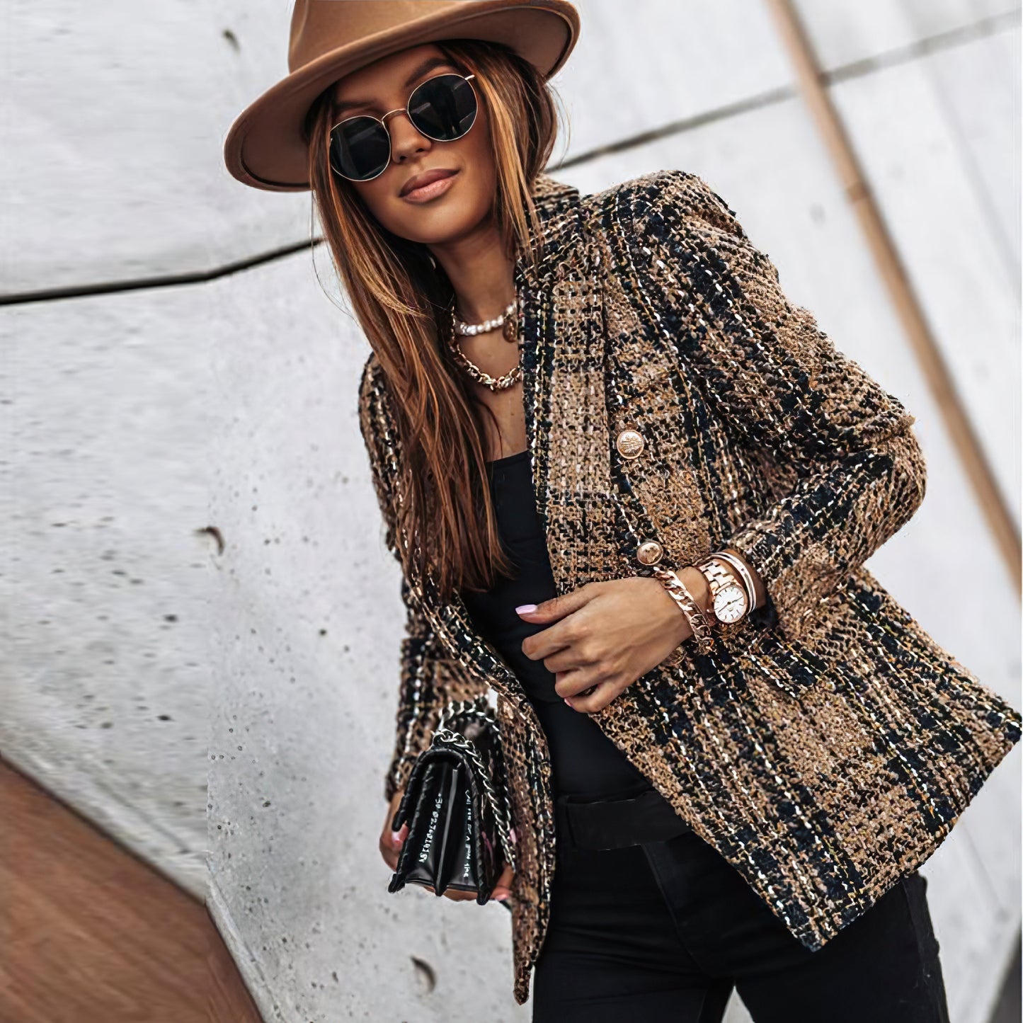 Classic Plaid Jacket for Women with Buttons Pockets