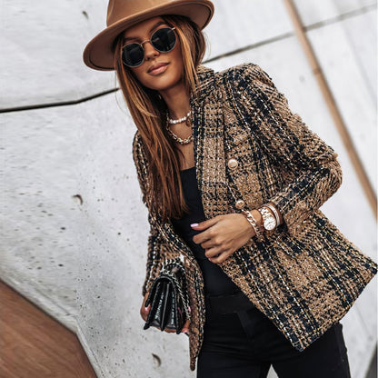 Classic Plaid Jacket for Women with Buttons Pockets