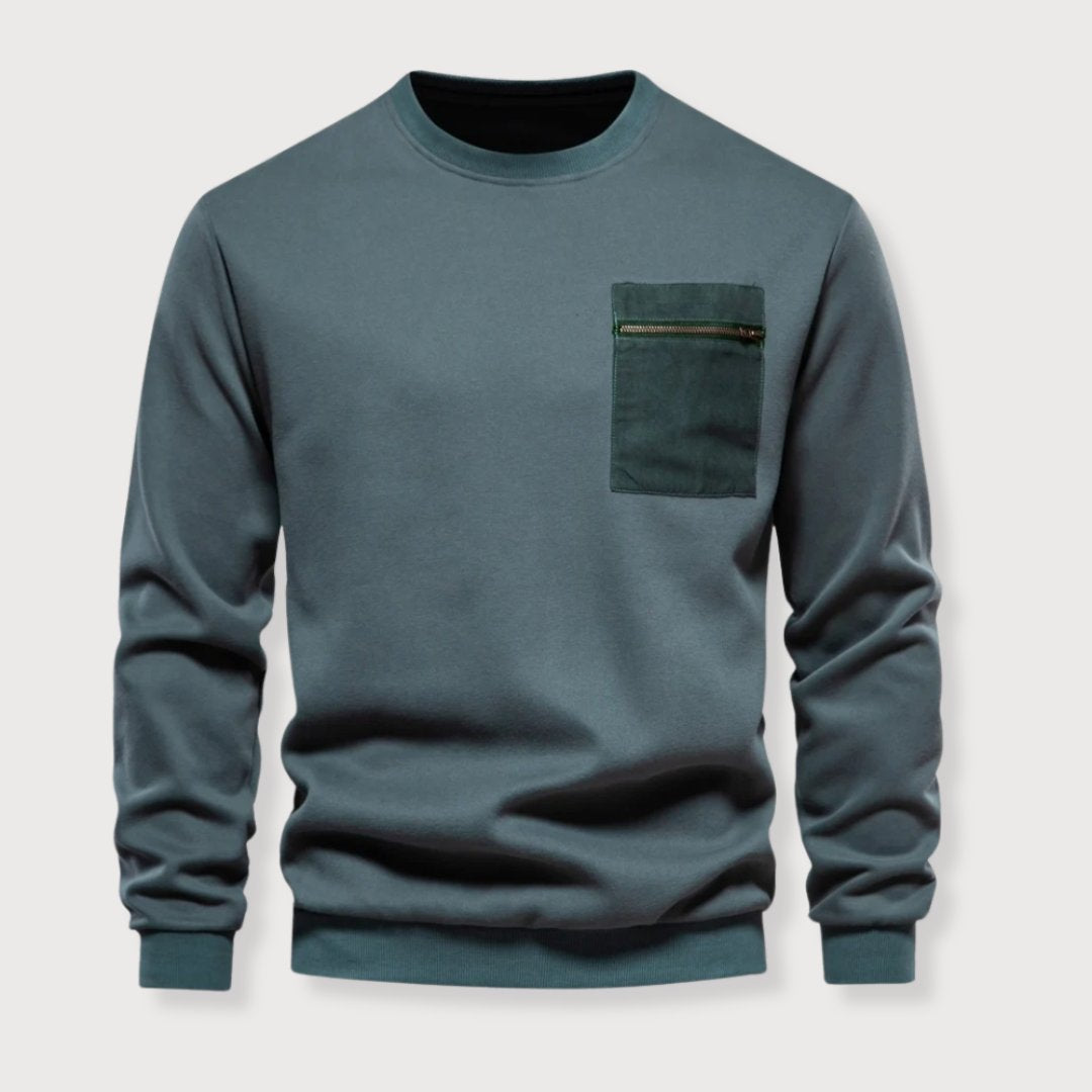 Pullover Sweater - Ribbed Hem & Zipper Chest Pocket