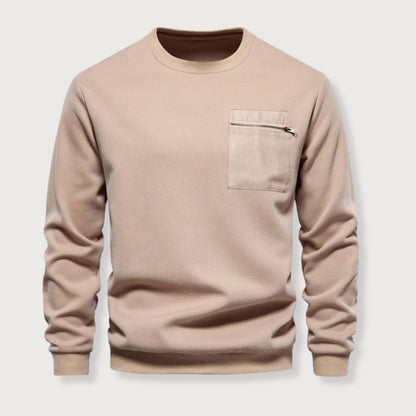 Pullover Sweater - Ribbed Hem & Zipper Chest Pocket