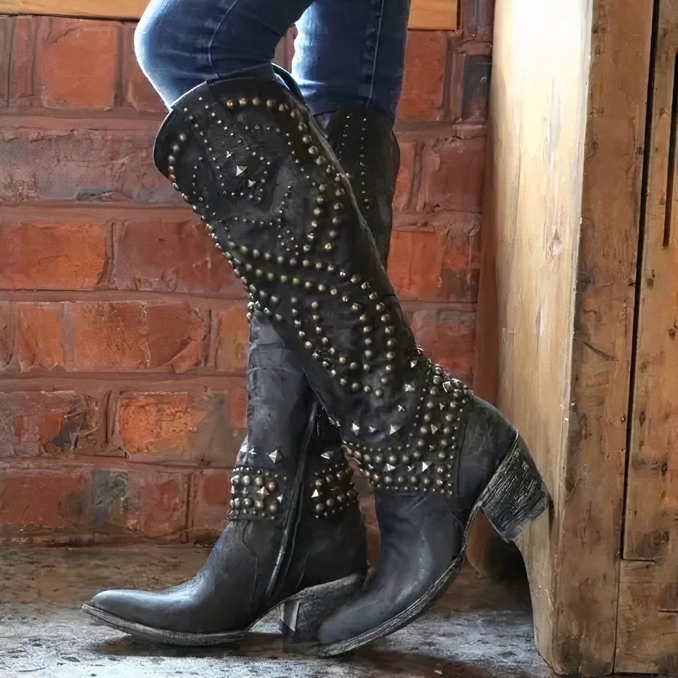Trendy High Heel Boots - Faux Leather - Metal Buckle Detail - BritishElegance