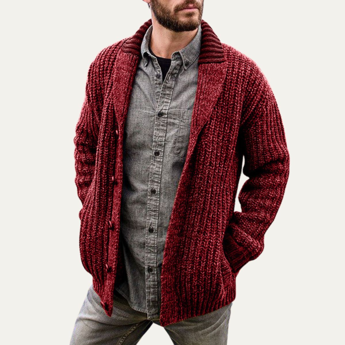 Men’s Chunky Ribbed Cardigan with Striped Shawl Collar