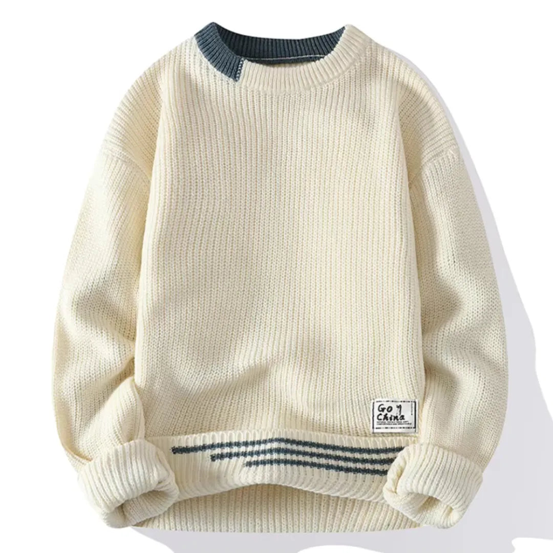 Men’s Ribbed Crew Neck Striped Hem Sweater
