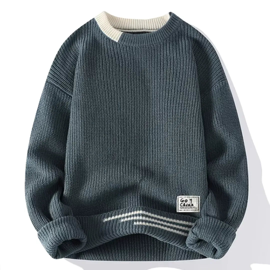 Men’s Ribbed Crew Neck Striped Hem Sweater