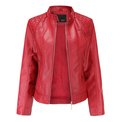 PU leather jacket with stand-up collar for women